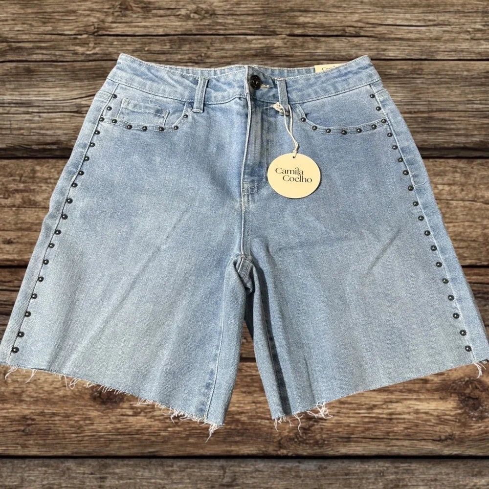 Camila Coelho High Waist Midi Studded Denim Shorts Light Wash Blue‎ Boho Rocker